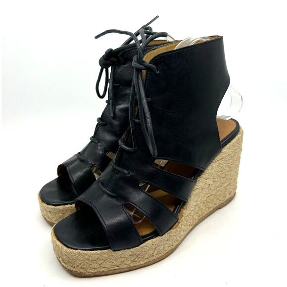 A.P.C. Black Leather Espadrille Wedge Sandals Women's 10 US - Picture 1 of 9